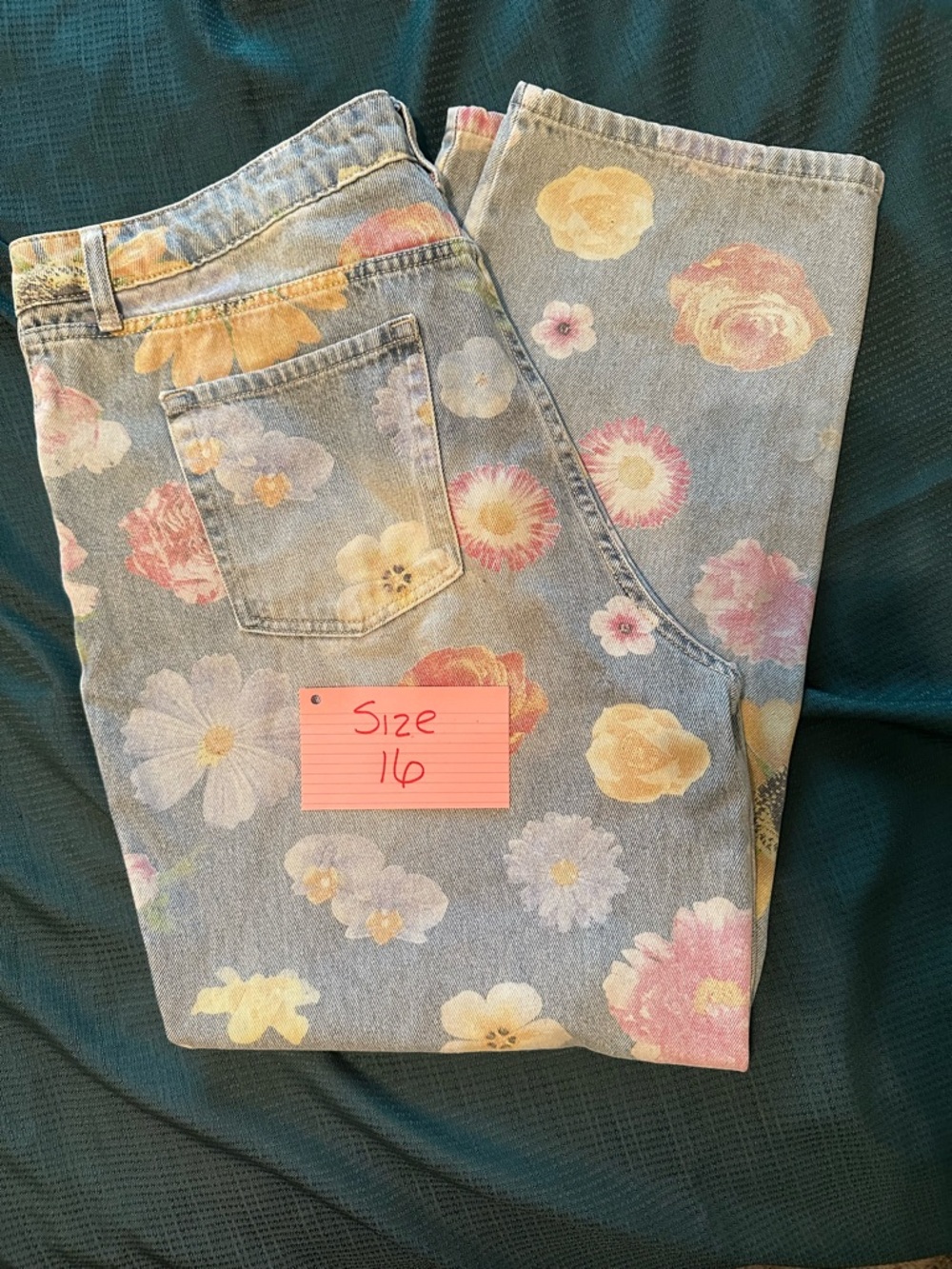 Floral Print Women's Jeans in Pastel Blue - Size 16